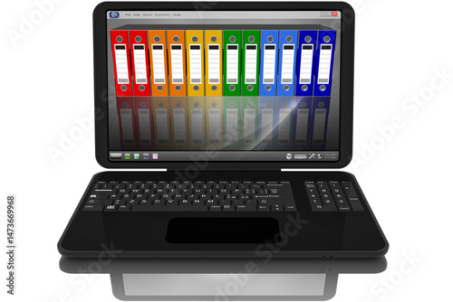 Computer portatile aperto nero..Sullo schermo cartelle e raccoglitori per ufficio..