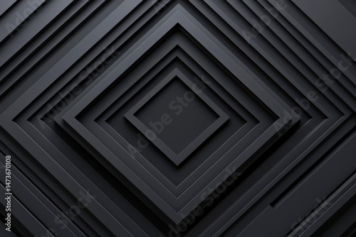 Abstract geometric pattern of layered squares and diamonds in dark gray.  A series of receding squares and diamonds create a 3D effect. The design is symmetrical and structured