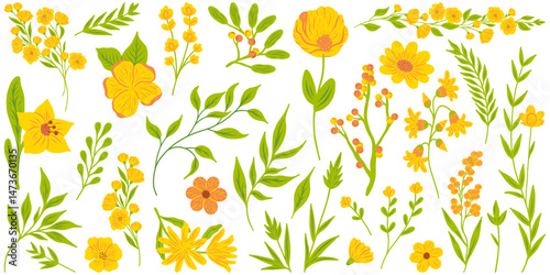 Floral set. Vector flat minimalistic illustration of flowers and leaves in flat style. Retro vintage style, hand drawn decorative elements. 60s, 70s, flower icon, pastel colors, childish cute decor.