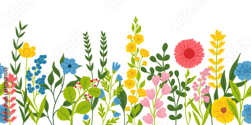 Cute horizontal banner with hand drawn blooming flowers. Floral seamless patterns border. Vector illustration on white background.	