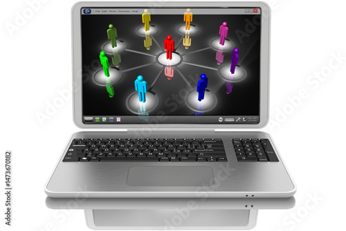 Computer portatile aperto grigio..Sullo schermo simbolo connessione, network. photo