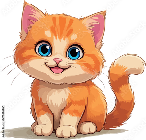 A cute cartoon kitten vector illustration shows a happy feline pet sitting with a smile and its tail