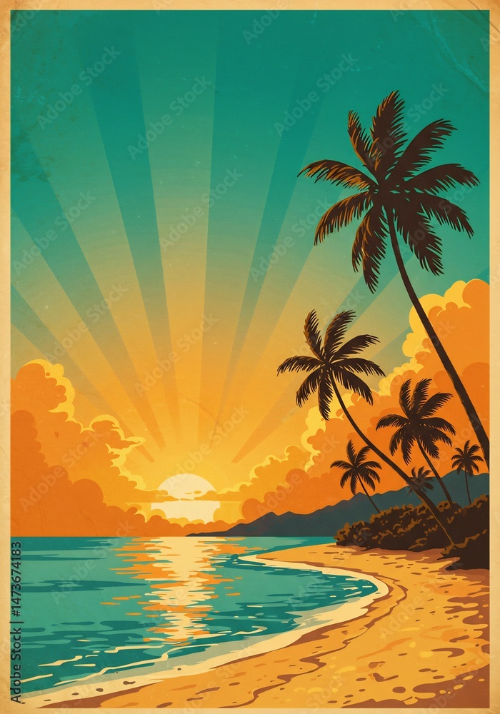 Obraz premium Retro Pixel Art Tropical Sunset Beach Scene