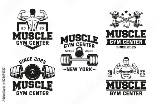 Monochrome fitness logo vector emblems collection. Gym and fitness icon elements Illustration. Design elements for gym and fitness logo vector emblem, badge, label in vintage style
