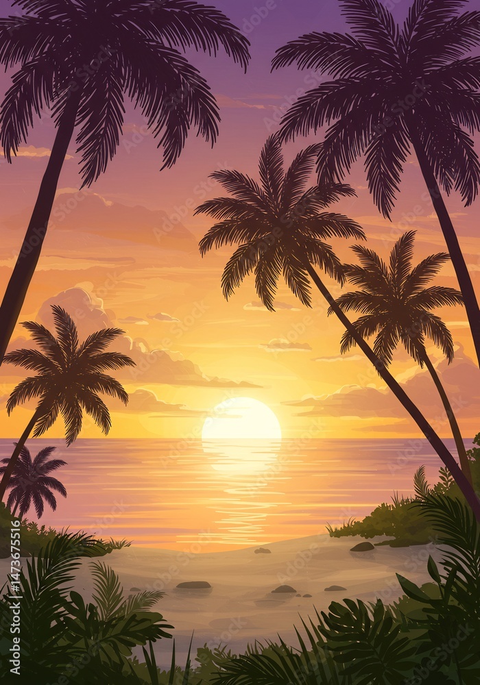 Obraz premium Serene Tropical Sunset Beach Scene