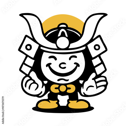 Cartoon Chibi Samurai Warrior Emoticon Vector Character with Japanese Helmet in Thumbs Up Pose for Cute Mascot Logo and Asian Culture Illustration with Fun and Happy Expression

