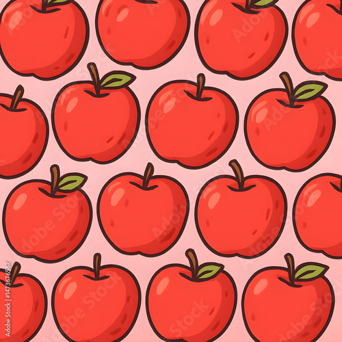  Playful Repeat Pattern of Vibrant Red Apples with Green Leaves on a Soft Pink Background: Fresh, Fun, and Whimsical Design