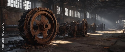 Rusting gears, dripping pipes, shadows in abandoned factory ,  factory,  aged