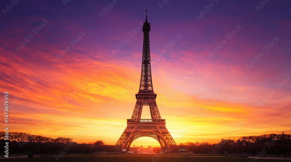 Obraz premium Striking Silhouette of Iconic European Landmark at Sunset with Vibrant Colors