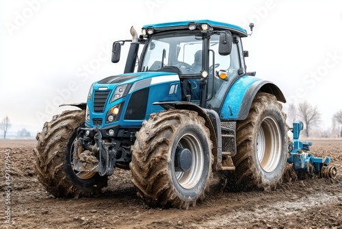 Blue Tractor Plowing Muddy Field, Agricultural Machine, Farmland Background, Modern Farming Equipment