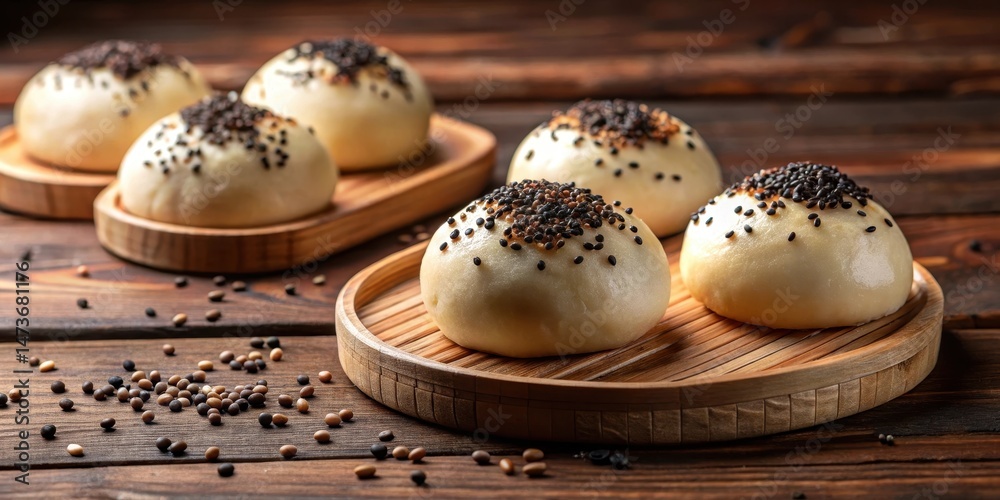 Steamed red bean paste buns topped with crushed black sesame seeds on a wooden table Steamed red bean paste buns topped with crushed black sesame seeds on a wooden table