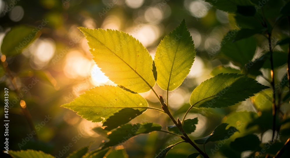 Fototapeta premium Illuminated Green Leaves in Golden Sunlight Creates a Soft Hazy Foliage Background Perfect for Early Summer and Earth Day Themes With a Sense of Depth and Mystery