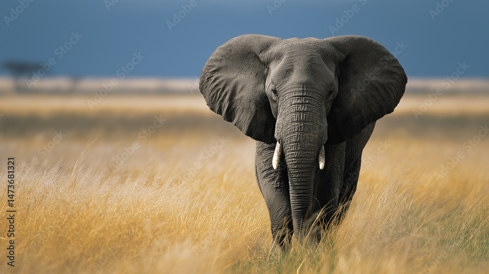 Naklejka premium elephant walks swinging trunk in sunshine