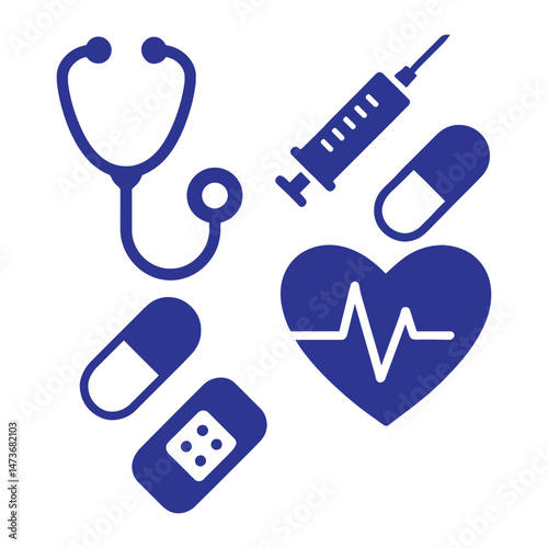 Medical icon set with heart symbol and stethoscope, featuring 3D design for healthcare, doctor, and hospital concepts