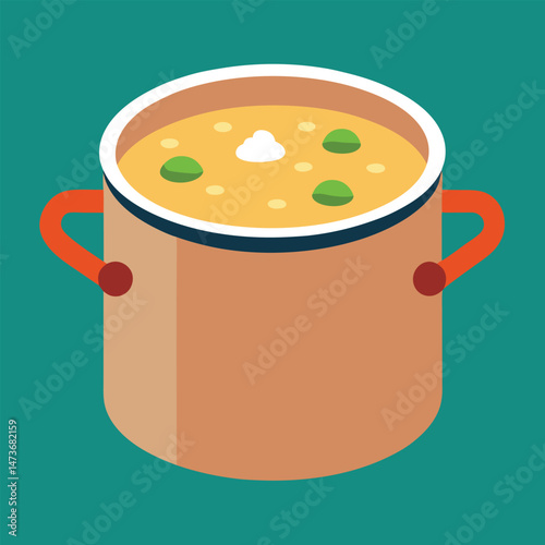 A red pot of hot soup, isolated from the kitchen, simmers invitingly, a metal saucepan ready for a comforting dinner