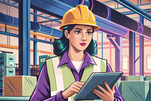 Professional female industrial engineer in safety uniform and hard hat using tablet while walking through metal manufacturing warehouse. Confident woman specialist in heavy industry factory technology