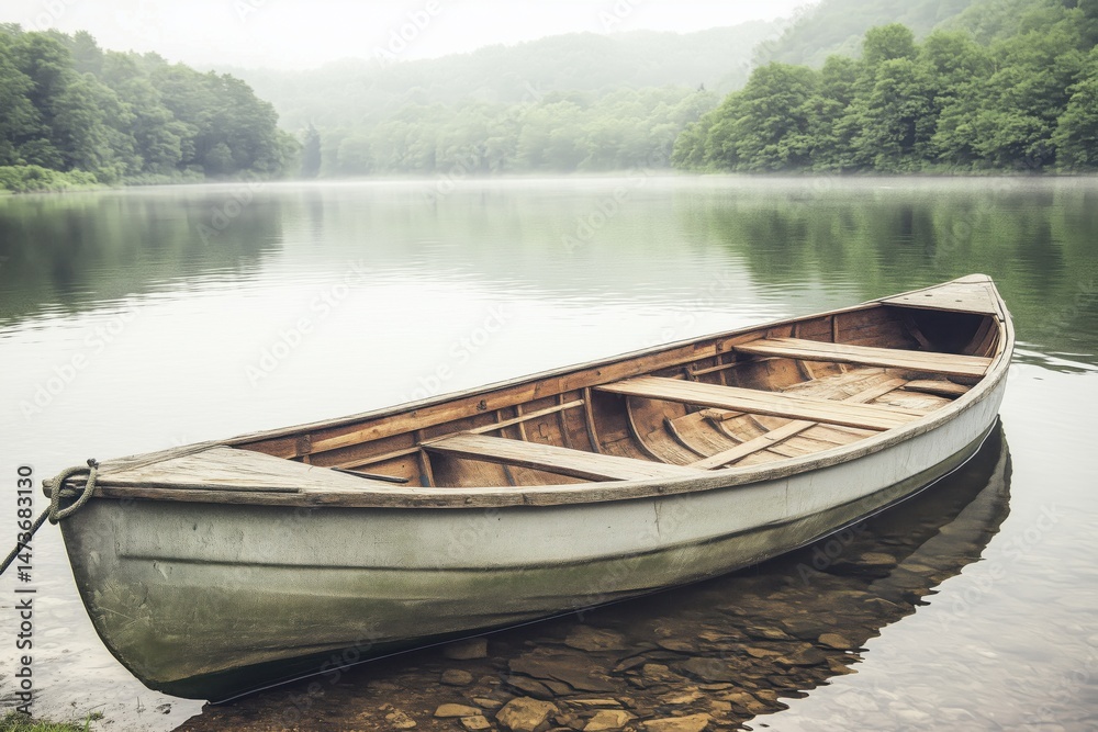 Serene boat at foggy lake with tranquil reflections and lush greenery in early morning light Serene boat at foggy lake with tranquil reflections and lush greenery in early morning light
