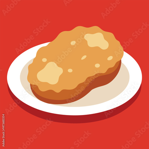 A white plate features a tasty homemade hamburger, a delicious snack of baked bread and savory food