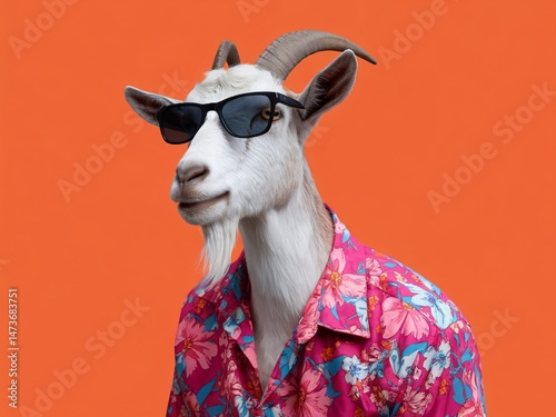 A goat wearing sunglasses and a colorful floral shirt poses against a vibrant orange background.