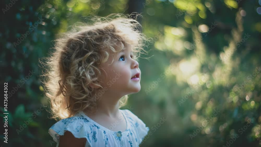 Little caucasian child in floral dress looking upward with wonder, surrounded by soft light and lush green foliage Concept of childhood discovery and natural curiosity Little caucasian child in floral dress looking upward with wonder, surrounded by soft light and lush green foliage Concept of childhood discovery and natural curiosity