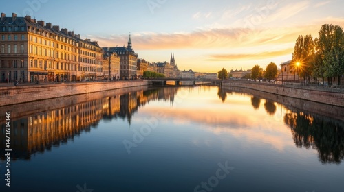 Tranquil View of European River and Cityscape During Golden Hour Reflection