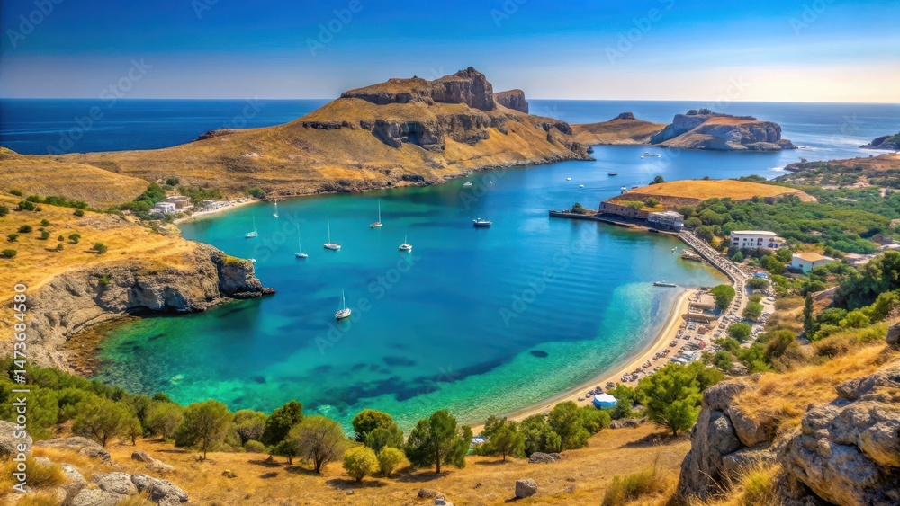 Fototapeta premium Beautiful view of Lindos Bay in Rhodes Island, Greece, ocean view, Greece, ocean view, tranquil atmosphere