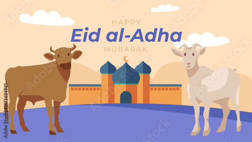 Eid al-Adha Celebration Background with Muslim Character cow and goat Illustration.
