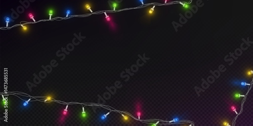 Glowing fairy lights garland - bright colorful bulbs on wire string isolated on transparent. Festive neon Christmas decorations, party supplies. Realistic holiday vector border, frame with shiny lamps