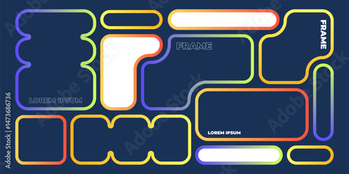 Colorful bento ui kit frame templates - rounded rectangle, square and irregular blob shapes in vibrant gradient style. Funky graphic elements for mobile app and website wireframe layouts or prototype.