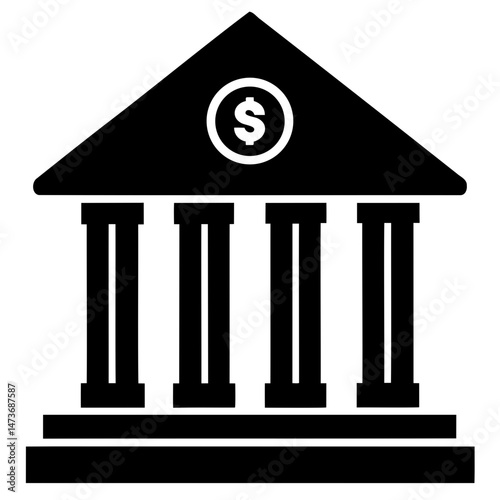 Black silhouette vector of a bank building icon featuring central dollar symbol on clear transparent background