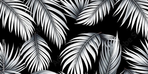 Sleek monochrome palm leaf pattern, seamless repeat Exotic botanical texture ideal for textiles, monochrome, minimalist