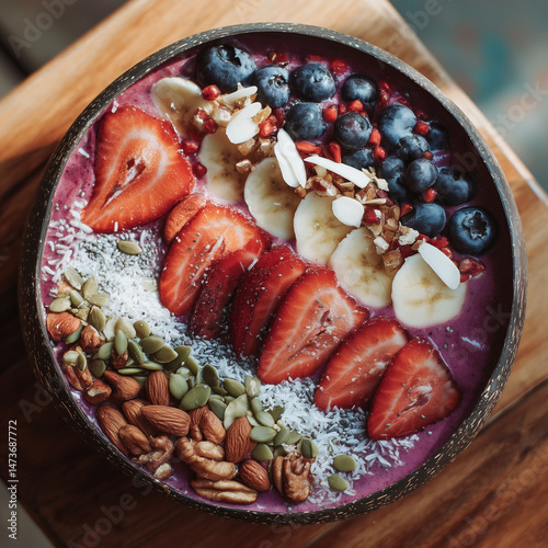 Overhead shot of a colorful smoothie bowl topped with fresh fruits, nuts, and seeds, arranged in intricate patterns