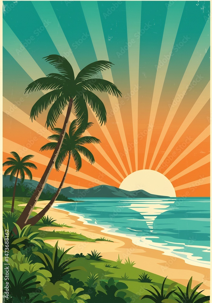 Fototapeta premium Vibrant Tropical Sunset Beach Scene with Palm Trees