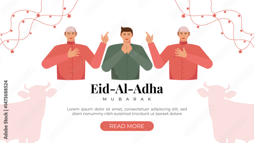 Obraz premium Eid al-Adha Celebration Background with Muslim man Character Illustration. Islamic Feast, Animal Sacrifice