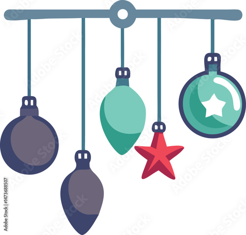 A shiny set of blue and red glass Christmas balls are isolated hanging ornaments for a festive winter holiday tree decoration and celebration