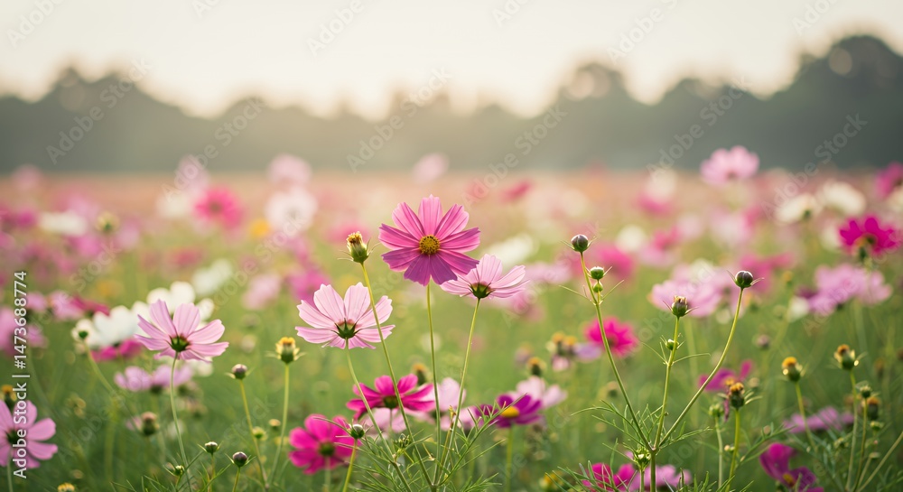 Fototapeta premium Vibrant Cosmos Flowers Blooming in Sunlit Meadow with Soft Natural Light in Early Summer