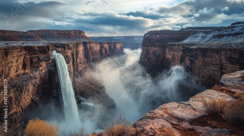 Dramatic waterfall cascading into a canyon under a stormy sky.