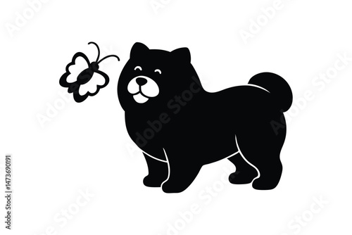 Silhouette art illustration of a Chow Chow puppy trying to catch a butterfly.eps
