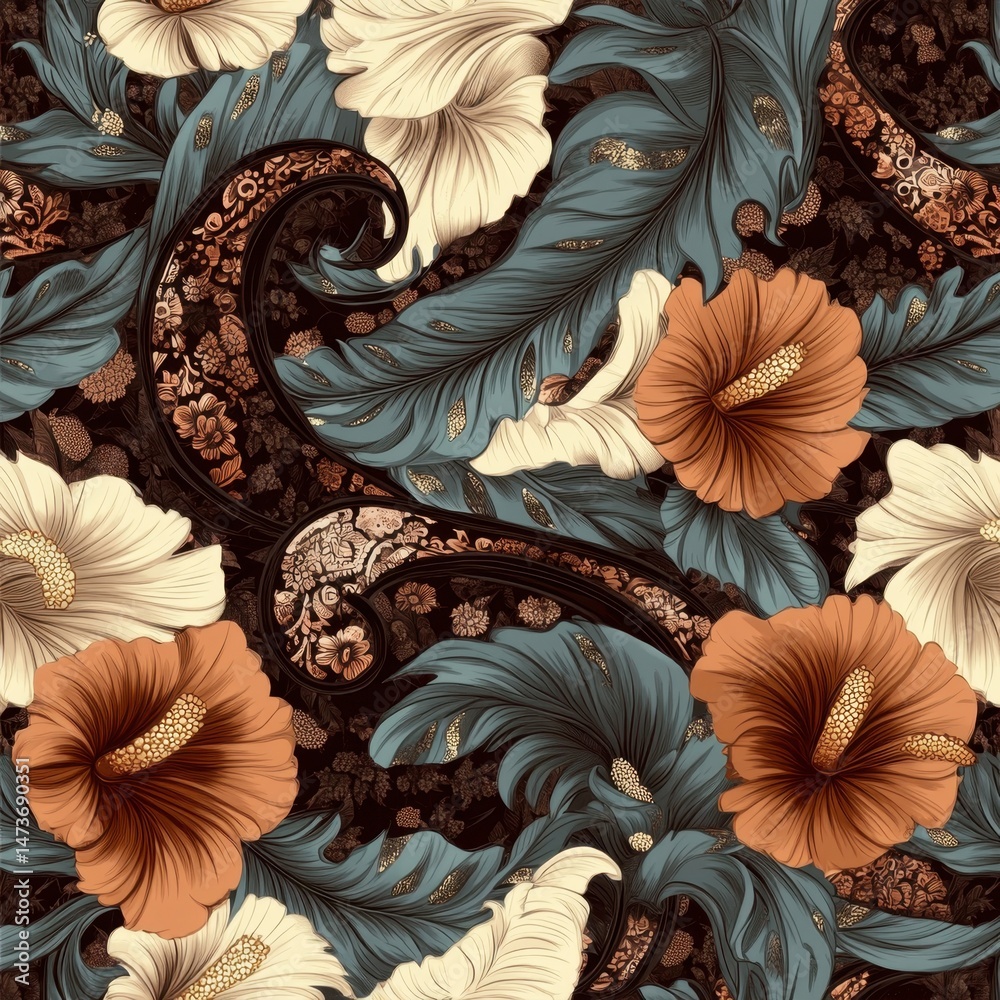 Intricate floral pattern with orange and white hibiscus and blue feathers on dark background