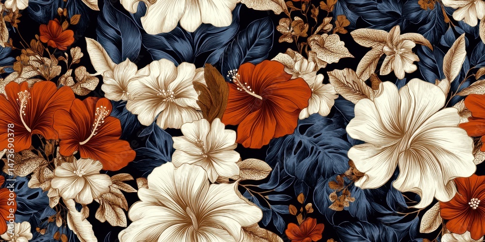 Vibrant floral pattern with red and white hibiscus on dark background