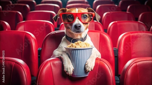 A dog sits comfortably in a movie theater seat, wearing trendy sunglasses and munching on a bucket of freshly popped popcorn