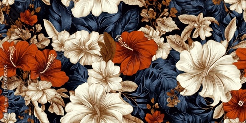 Obraz na płótnie Vibrant floral pattern with red and white hibiscus on dark background w salonie