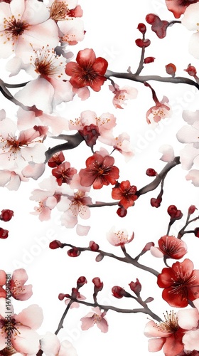 Vibrant red and white cherry blossoms on branches in blooming spring art