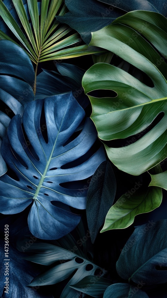 Vibrant tropical foliage with lush green and blue monstera leaves