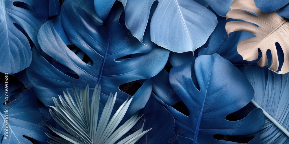 Elegant arrangement of large blue monstera and palmetto leaves in abstract art design