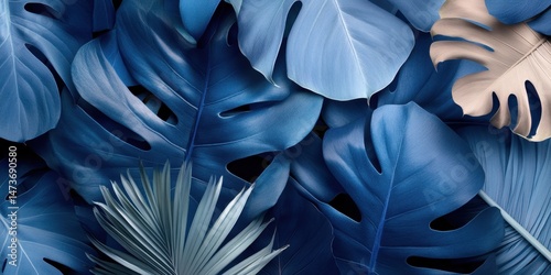 Obraz na płótnie Elegant arrangement of large blue monstera and palmetto leaves in abstract art design w salonie