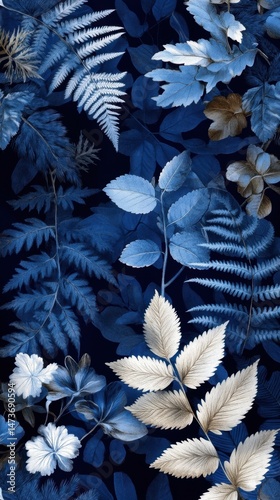 Elegant pattern of blue and gold botanical leaves on dark background