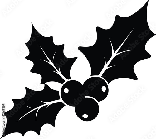 Black and white Christmas holly illustration features a plant with leaves and berries, a classic winter decoration