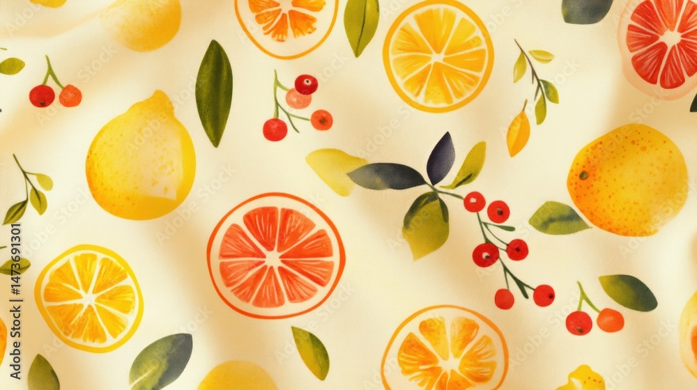 Citrus fruit and berry pattern on a light beige background with leaves Citrus fruit and berry pattern on a light beige background with leaves