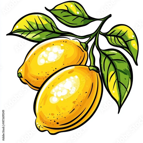 Two vibrant lemons on a branch with leaves photo